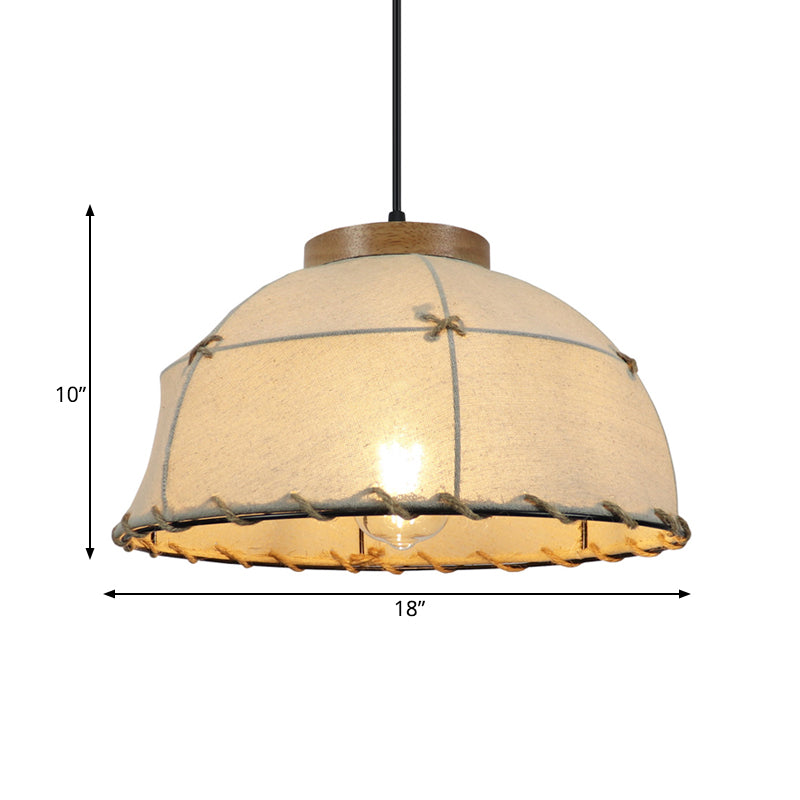 Fabric Beige Ceiling Suspension Lamp Bowl 1 Light Farm Style Pendant Light with Wooden Top, 14"/16"/18" Wide Clearhalo 'Ceiling Lights' 'Industrial Pendants' 'Industrial' 'Middle Century Pendants' 'Pendant Lights' 'Pendants' 'Tiffany' Lighting' 1460250