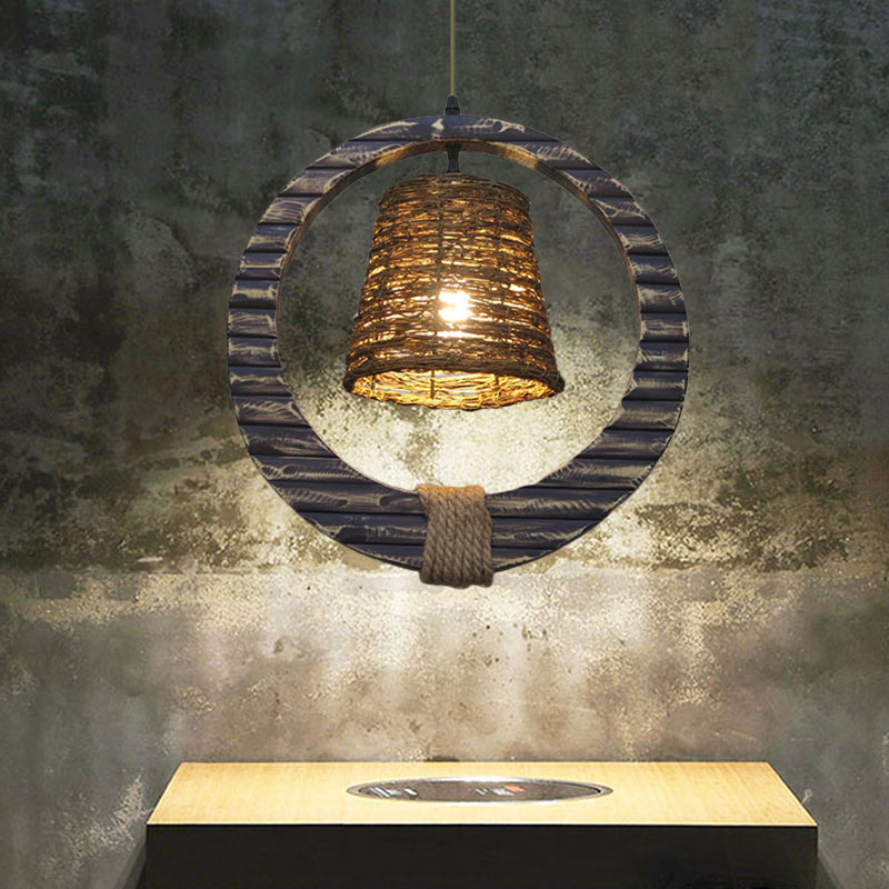 Antique Cone Suspension Pendant Light 1 Bulb Rattan Hanging Lamp in Black with Hemp Rope and Round Wood Black Clearhalo 'Ceiling Lights' 'Industrial Pendants' 'Industrial' 'Middle Century Pendants' 'Pendant Lights' 'Pendants' 'Tiffany' Lighting' 1460251