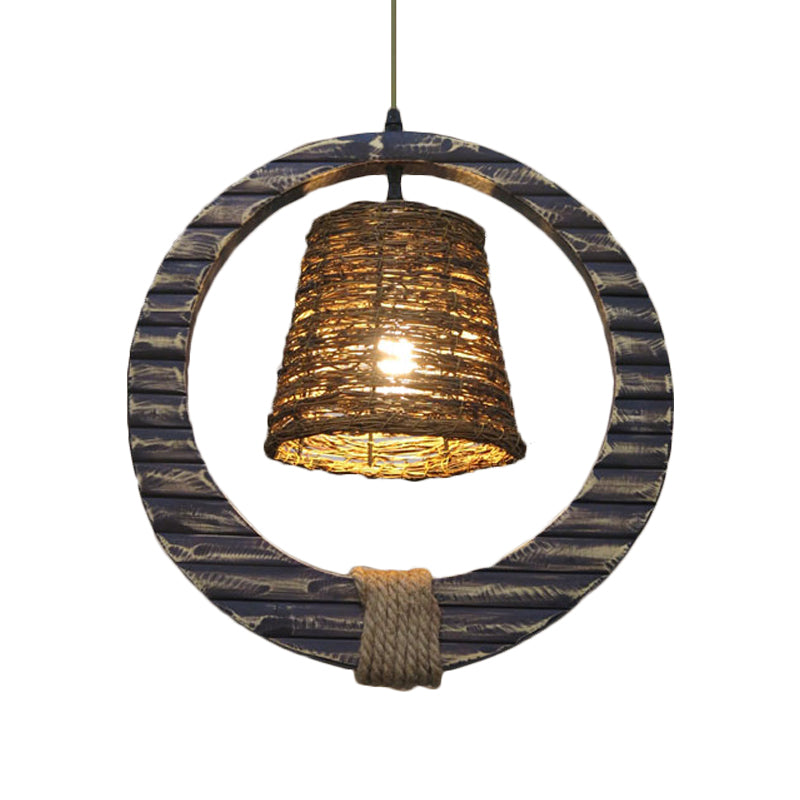 Antique Cone Suspension Pendant Light 1 Bulb Rattan Hanging Lamp in Black with Hemp Rope and Round Wood Clearhalo 'Ceiling Lights' 'Industrial Pendants' 'Industrial' 'Middle Century Pendants' 'Pendant Lights' 'Pendants' 'Tiffany' Lighting' 1460253