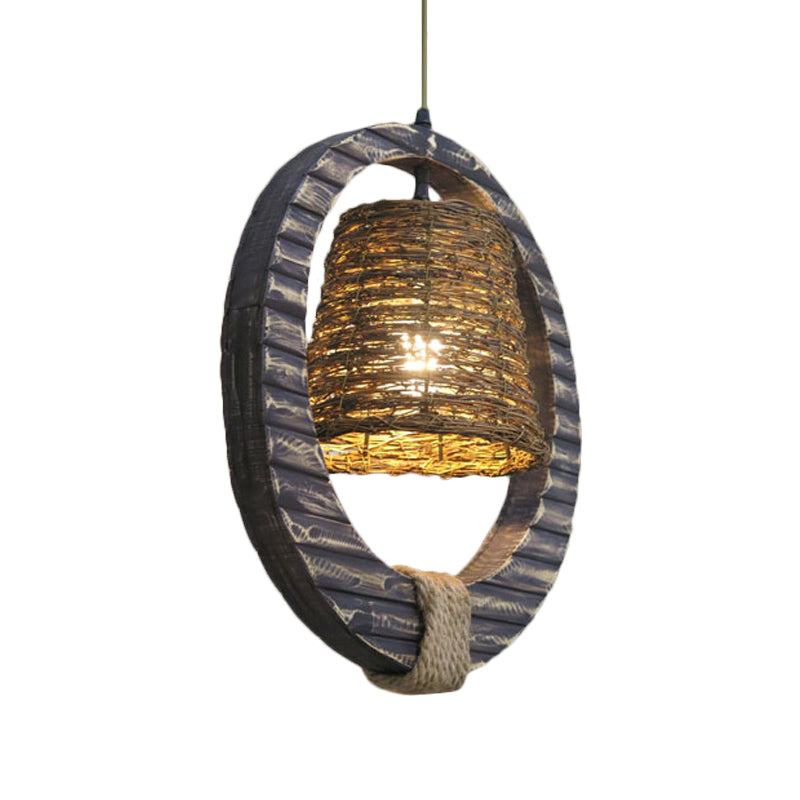 Antique Cone Suspension Pendant Light 1 Bulb Rattan Hanging Lamp in Black with Hemp Rope and Round Wood Clearhalo 'Ceiling Lights' 'Industrial Pendants' 'Industrial' 'Middle Century Pendants' 'Pendant Lights' 'Pendants' 'Tiffany' Lighting' 1460254