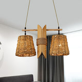 Conic Restaurant Island Ceiling Light Farm Rattan 2 Heads Beige Pendant Lamp with Bamboo Tube Decor Beige Clearhalo 'Ceiling Lights' 'Island Lights' Lighting' 1460256