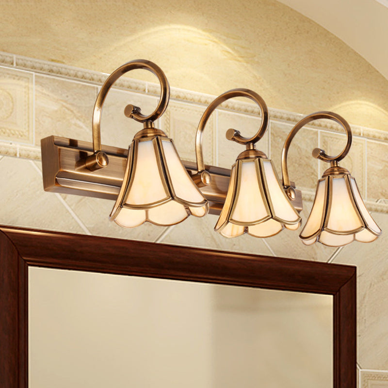 Milk Glass Scalloped Vanity Lamp Colonial Style 1/2/3-Head Bathroom Wall Lighting Fixture in Gold 3.0 Gold Clearhalo 'Vanity Lights' 'Wall Lights' Lighting' 1460276