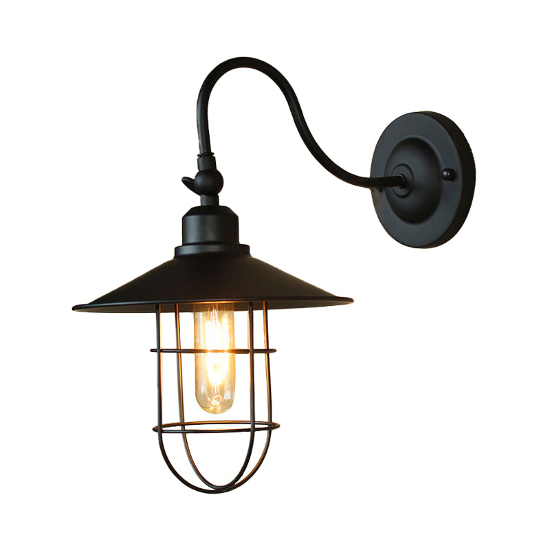 Metal Black Wall Lamp Flared Shade 1 Head Nautical Style Wall Lighting with Wire Frame for Hallway Clearhalo 'Art deco wall lights' 'Cast Iron' 'Glass' 'Industrial wall lights' 'Industrial' 'Middle century wall lights' 'Modern' 'Rustic wall lights' 'Tiffany' 'Traditional wall lights' 'Wall Lamps & Sconces' 'Wall Lights' Lighting' 146028