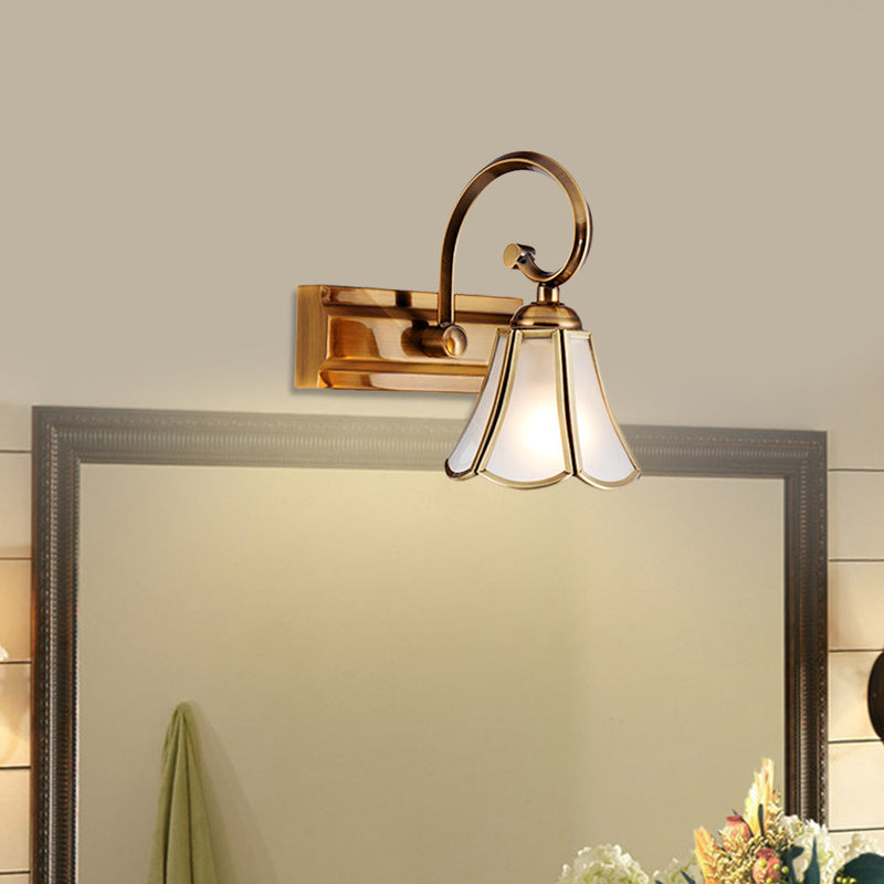 Milk Glass Scalloped Vanity Lamp Colonial Style 1/2/3-Head Bathroom Wall Lighting Fixture in Gold Clearhalo 'Vanity Lights' 'Wall Lights' Lighting' 1460288