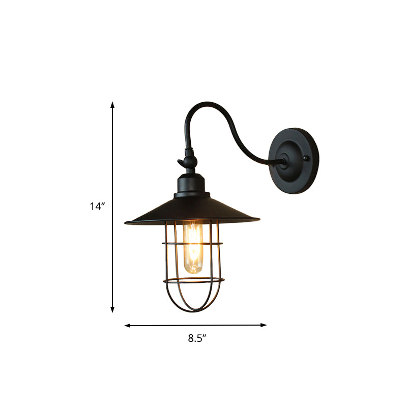 Metal Black Wall Lamp Flared Shade 1 Head Nautical Style Wall Lighting with Wire Frame for Hallway Clearhalo 'Art deco wall lights' 'Cast Iron' 'Glass' 'Industrial wall lights' 'Industrial' 'Middle century wall lights' 'Modern' 'Rustic wall lights' 'Tiffany' 'Traditional wall lights' 'Wall Lamps & Sconces' 'Wall Lights' Lighting' 146029