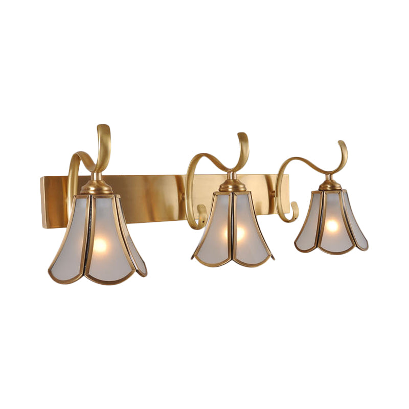 Milky Glass Gold Vanity Lighting Flower 1/2/3-Light Colonial Sconce Light Fixture with Swooping Arm Clearhalo 'Vanity Lights' 'Wall Lights' Lighting' 1460293