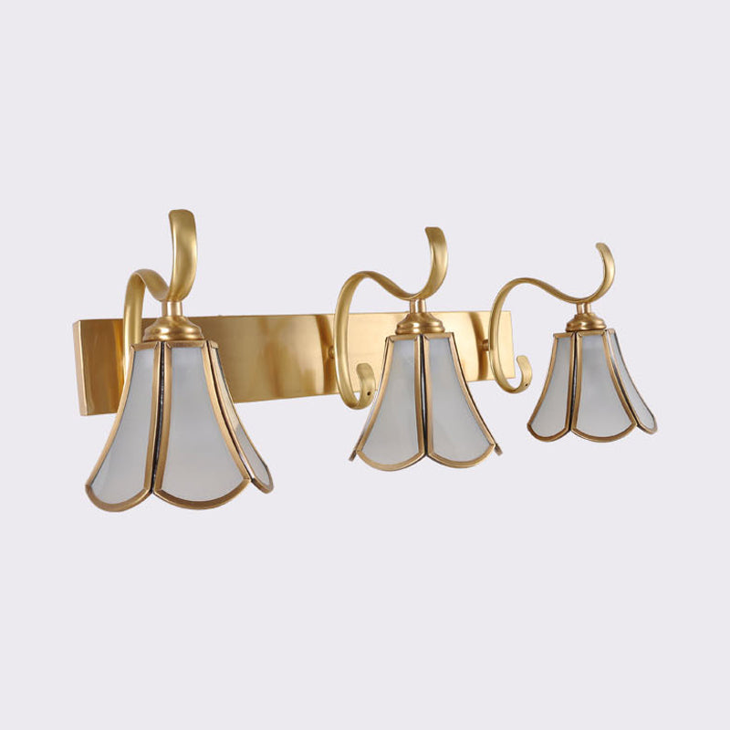 Milky Glass Gold Vanity Lighting Flower 1/2/3-Light Colonial Sconce Light Fixture with Swooping Arm Clearhalo 'Vanity Lights' 'Wall Lights' Lighting' 1460294