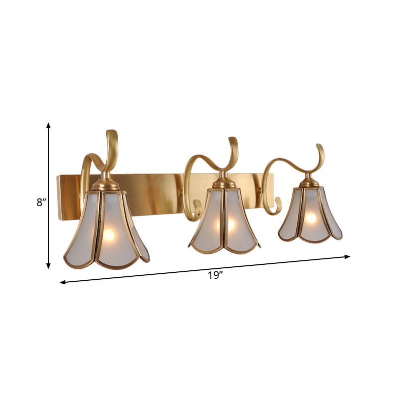 Milky Glass Gold Vanity Lighting Flower 1/2/3-Light Colonial Sconce Light Fixture with Swooping Arm Clearhalo 'Vanity Lights' 'Wall Lights' Lighting' 1460295