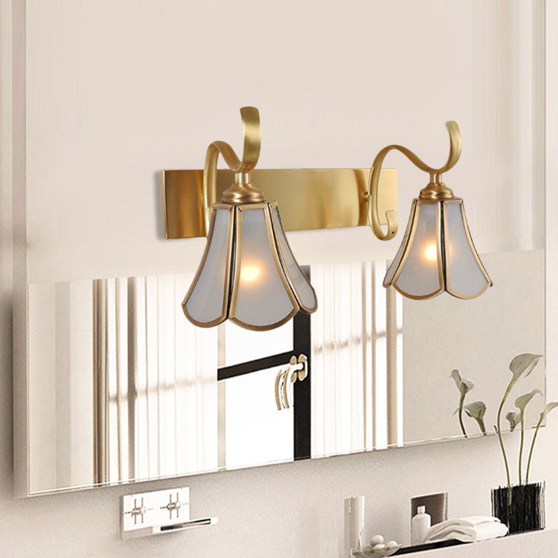 Milky Glass Gold Vanity Lighting Flower 1/2/3-Light Colonial Sconce Light Fixture with Swooping Arm Clearhalo 'Vanity Lights' 'Wall Lights' Lighting' 1460297