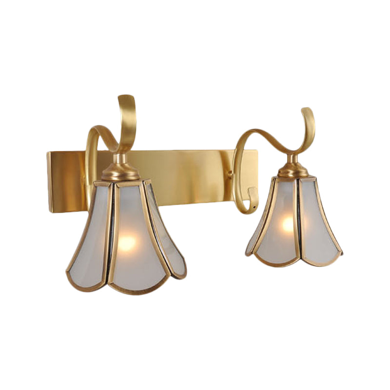 Milky Glass Gold Vanity Lighting Flower 1/2/3-Light Colonial Sconce Light Fixture with Swooping Arm Clearhalo 'Vanity Lights' 'Wall Lights' Lighting' 1460298