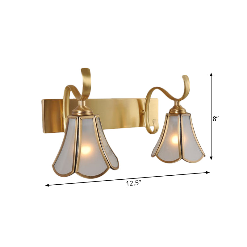 Milky Glass Gold Vanity Lighting Flower 1/2/3-Light Colonial Sconce Light Fixture with Swooping Arm Clearhalo 'Vanity Lights' 'Wall Lights' Lighting' 1460300