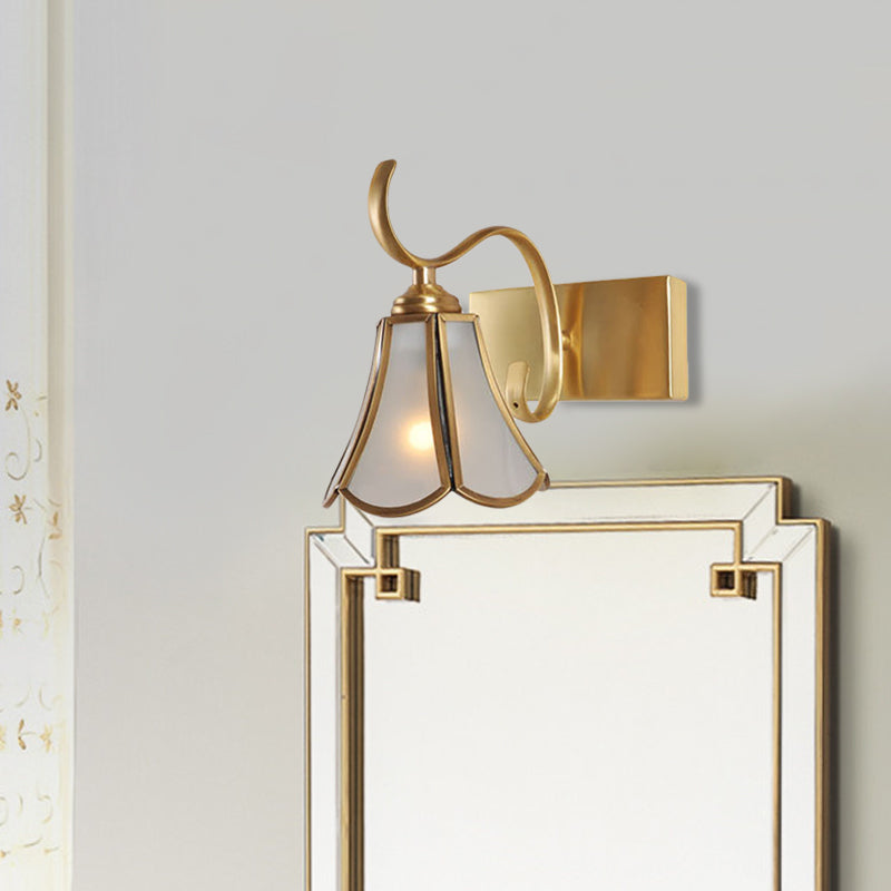 Milky Glass Gold Vanity Lighting Flower 1/2/3-Light Colonial Sconce Light Fixture with Swooping Arm Clearhalo 'Vanity Lights' 'Wall Lights' Lighting' 1460302