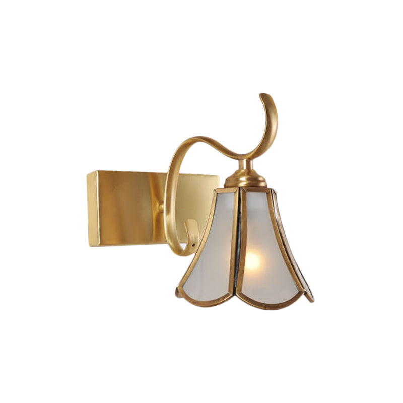 Milky Glass Gold Vanity Lighting Flower 1/2/3-Light Colonial Sconce Light Fixture with Swooping Arm Clearhalo 'Vanity Lights' 'Wall Lights' Lighting' 1460304