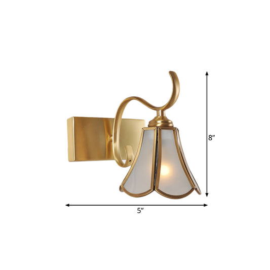 Milky Glass Gold Vanity Lighting Flower 1/2/3-Light Colonial Sconce Light Fixture with Swooping Arm Clearhalo 'Vanity Lights' 'Wall Lights' Lighting' 1460305