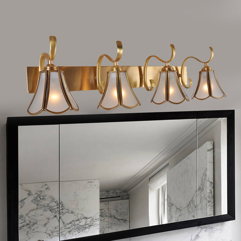 Colonialism Floral Vanity Mirror Light 4 Bulbs Frosted White Glass Sconce Wall Lighting in Gold Gold Clearhalo 'Vanity Lights' 'Wall Lights' Lighting' 1460306