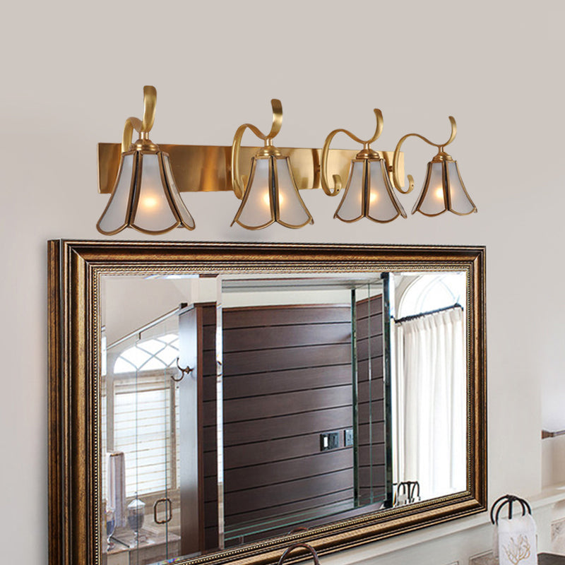 Colonialism Floral Vanity Mirror Light 4 Bulbs Frosted White Glass Sconce Wall Lighting in Gold Clearhalo 'Vanity Lights' 'Wall Lights' Lighting' 1460307