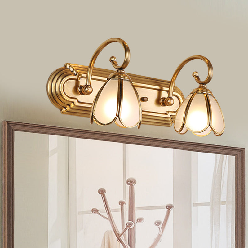 2-Bulb Wall Mounted Vanity Light Colonial Blossom Cream Glass Wall Sconce Lighting in Gold Gold Clearhalo 'Vanity Lights' 'Wall Lights' Lighting' 1460341