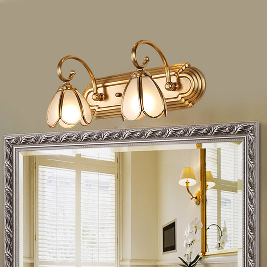 2-Bulb Wall Mounted Vanity Light Colonial Blossom Cream Glass Wall Sconce Lighting in Gold Clearhalo 'Vanity Lights' 'Wall Lights' Lighting' 1460342