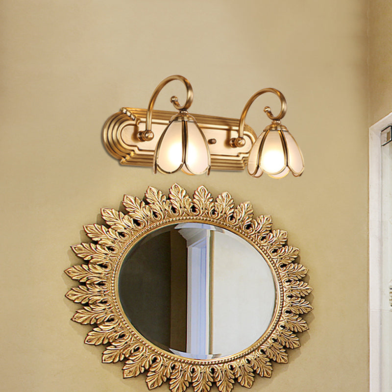 2-Bulb Wall Mounted Vanity Light Colonial Blossom Cream Glass Wall Sconce Lighting in Gold Clearhalo 'Vanity Lights' 'Wall Lights' Lighting' 1460343