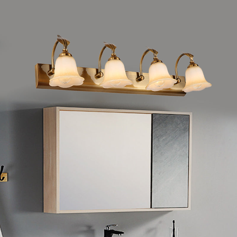 Cream Glass Bloom Bar Light Colonial 1/2/3-Head Bathroom Vanity Lighting Fixture in Gold with Leaf Decor Clearhalo 'Vanity Lights' 'Wall Lights' Lighting' 1460347