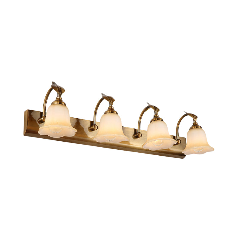 Cream Glass Bloom Bar Light Colonial 1/2/3-Head Bathroom Vanity Lighting Fixture in Gold with Leaf Decor Clearhalo 'Vanity Lights' 'Wall Lights' Lighting' 1460348