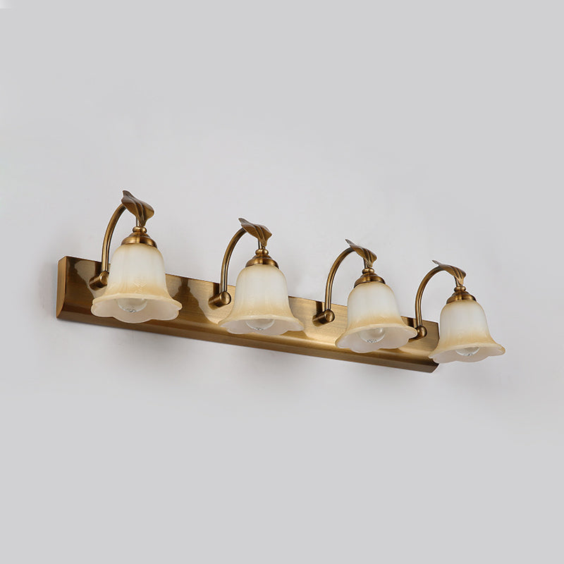 Cream Glass Bloom Bar Light Colonial 1/2/3-Head Bathroom Vanity Lighting Fixture in Gold with Leaf Decor Clearhalo 'Vanity Lights' 'Wall Lights' Lighting' 1460349