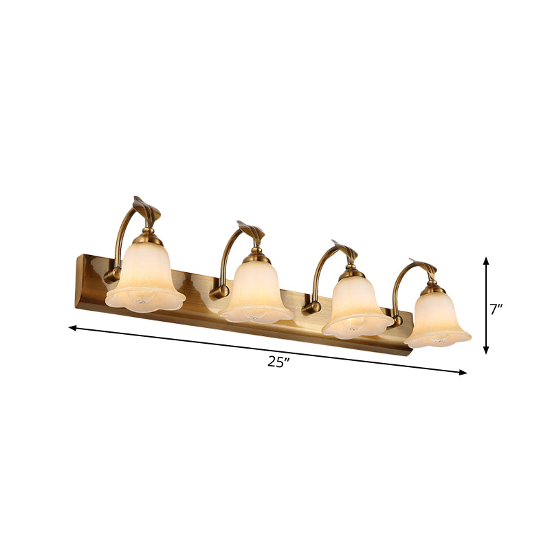 Cream Glass Bloom Bar Light Colonial 1/2/3-Head Bathroom Vanity Lighting Fixture in Gold with Leaf Decor Clearhalo 'Vanity Lights' 'Wall Lights' Lighting' 1460350