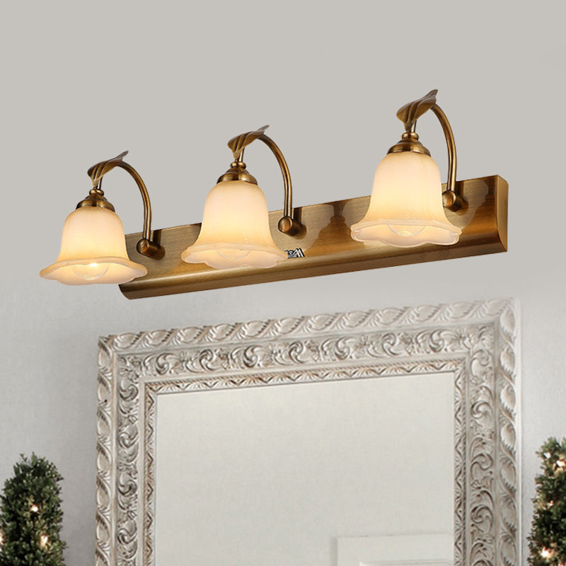 Cream Glass Bloom Bar Light Colonial 1/2/3-Head Bathroom Vanity Lighting Fixture in Gold with Leaf Decor 3.0 Gold Clearhalo 'Vanity Lights' 'Wall Lights' Lighting' 1460351