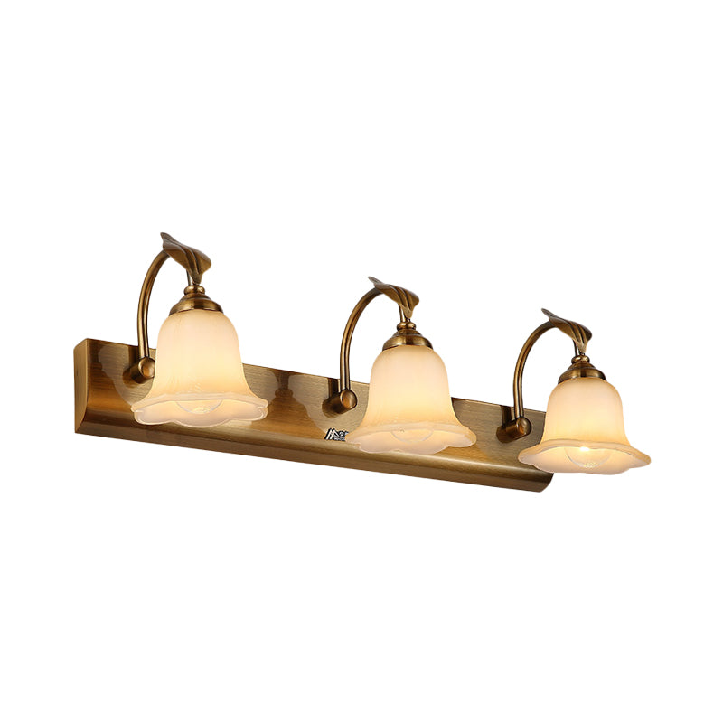 Cream Glass Bloom Bar Light Colonial 1/2/3-Head Bathroom Vanity Lighting Fixture in Gold with Leaf Decor Clearhalo 'Vanity Lights' 'Wall Lights' Lighting' 1460353