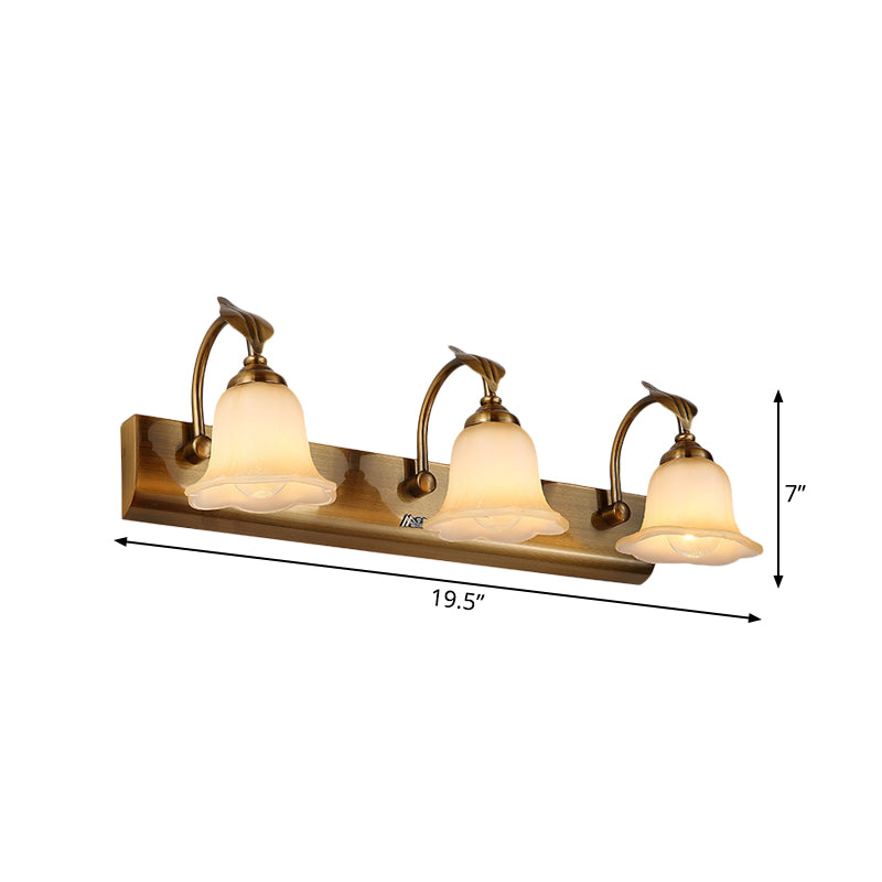 Cream Glass Bloom Bar Light Colonial 1/2/3-Head Bathroom Vanity Lighting Fixture in Gold with Leaf Decor Clearhalo 'Vanity Lights' 'Wall Lights' Lighting' 1460355