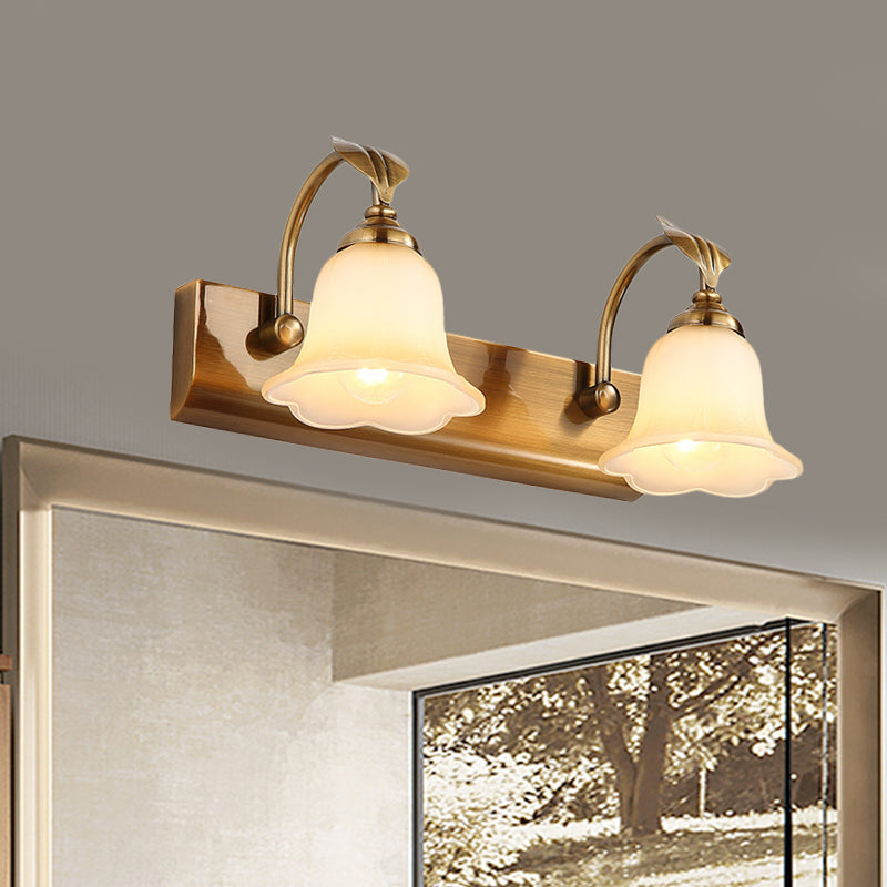 Cream Glass Bloom Bar Light Colonial 1/2/3-Head Bathroom Vanity Lighting Fixture in Gold with Leaf Decor 2.0 Gold Clearhalo 'Vanity Lights' 'Wall Lights' Lighting' 1460356