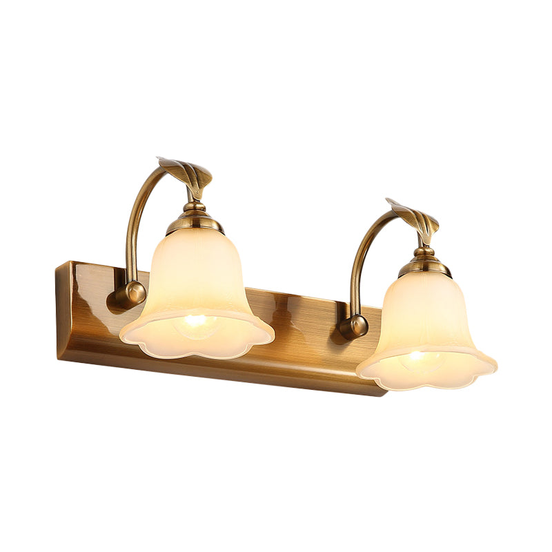 Cream Glass Bloom Bar Light Colonial 1/2/3-Head Bathroom Vanity Lighting Fixture in Gold with Leaf Decor Clearhalo 'Vanity Lights' 'Wall Lights' Lighting' 1460358