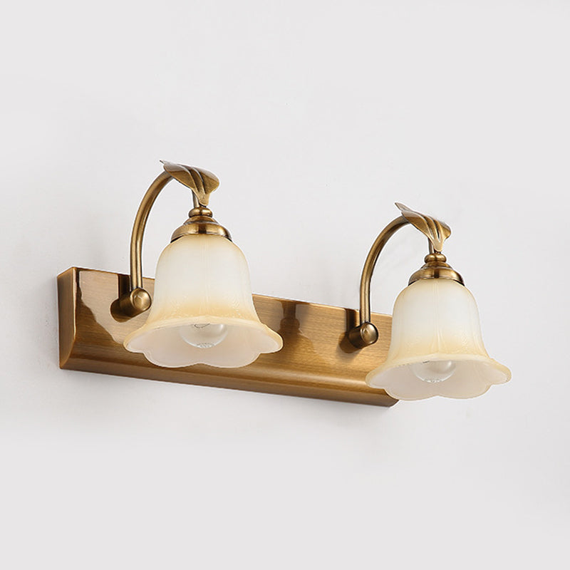 Cream Glass Bloom Bar Light Colonial 1/2/3-Head Bathroom Vanity Lighting Fixture in Gold with Leaf Decor Clearhalo 'Vanity Lights' 'Wall Lights' Lighting' 1460359