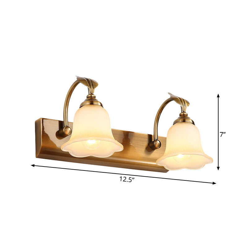 Cream Glass Bloom Bar Light Colonial 1/2/3-Head Bathroom Vanity Lighting Fixture in Gold with Leaf Decor Clearhalo 'Vanity Lights' 'Wall Lights' Lighting' 1460360