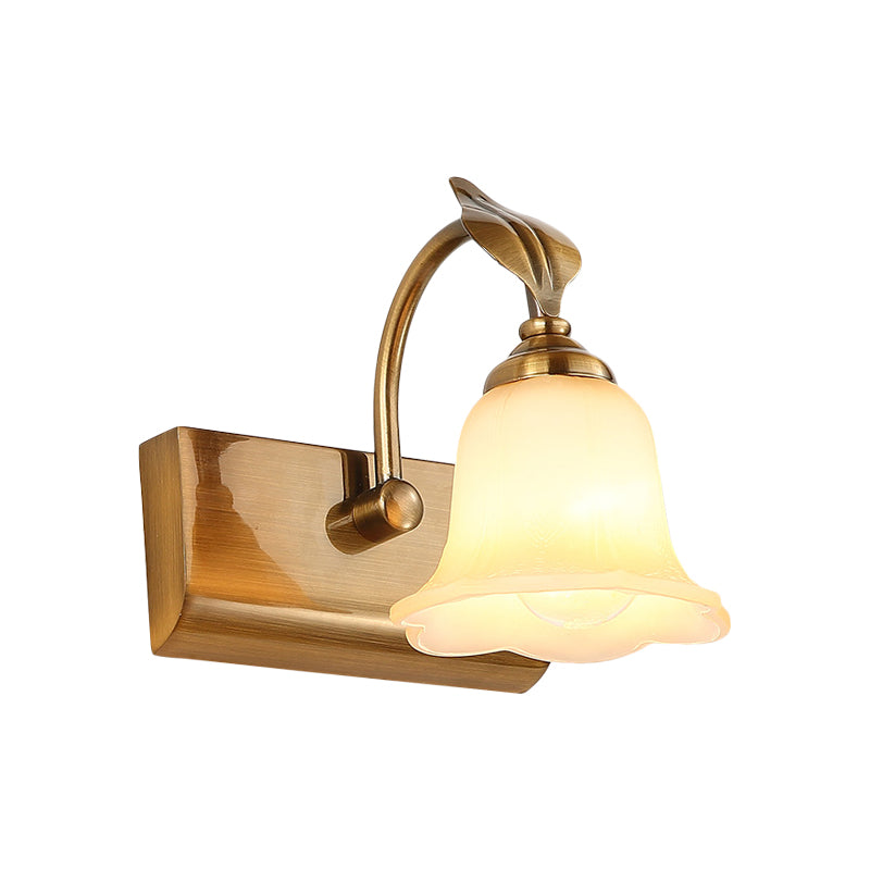 Cream Glass Bloom Bar Light Colonial 1/2/3-Head Bathroom Vanity Lighting Fixture in Gold with Leaf Decor Clearhalo 'Vanity Lights' 'Wall Lights' Lighting' 1460363