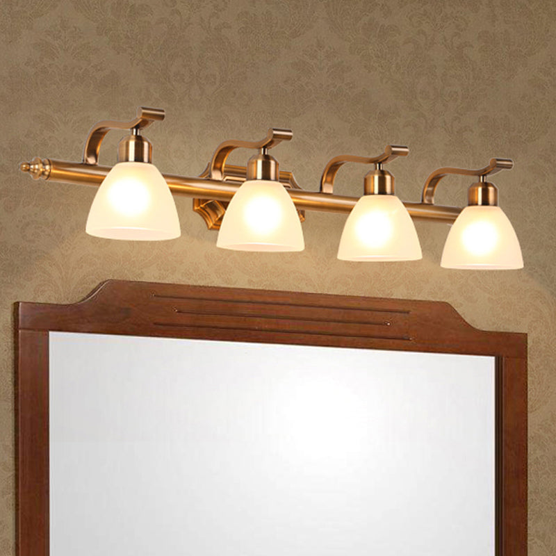 Colonialist Dome Vanity Lighting Idea 1/2/3-Light Cream Glass Bathroom Wall Light in Gold with Curved Arm 4.0 Gold Clearhalo 'Vanity Lights' 'Wall Lights' Lighting' 1460366