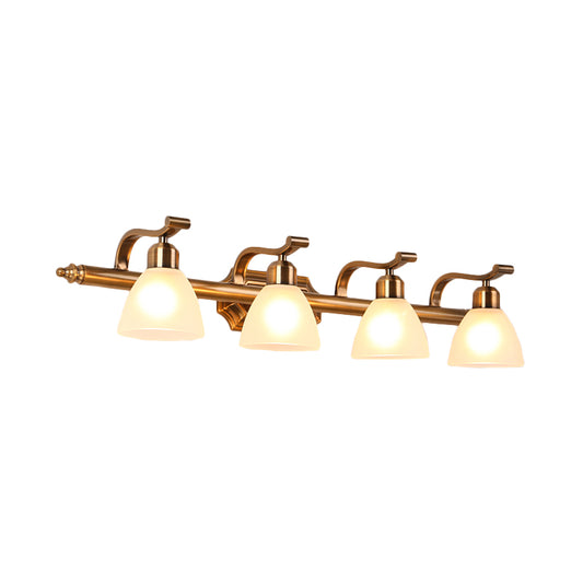 Colonialist Dome Vanity Lighting Idea 1/2/3-Light Cream Glass Bathroom Wall Light in Gold with Curved Arm Clearhalo 'Vanity Lights' 'Wall Lights' Lighting' 1460368