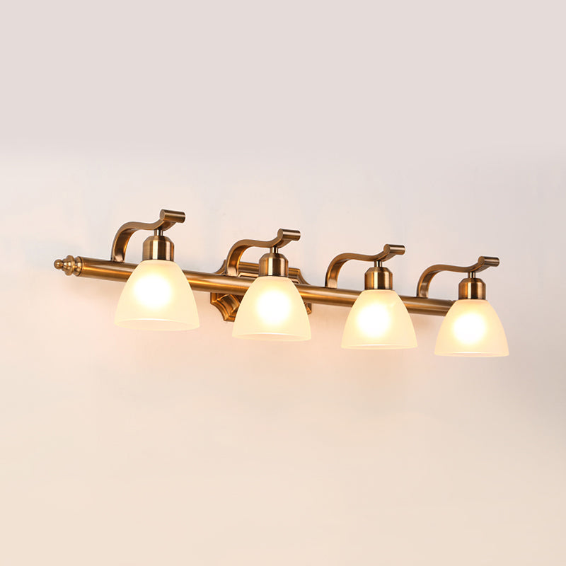 Colonialist Dome Vanity Lighting Idea 1/2/3-Light Cream Glass Bathroom Wall Light in Gold with Curved Arm Clearhalo 'Vanity Lights' 'Wall Lights' Lighting' 1460369