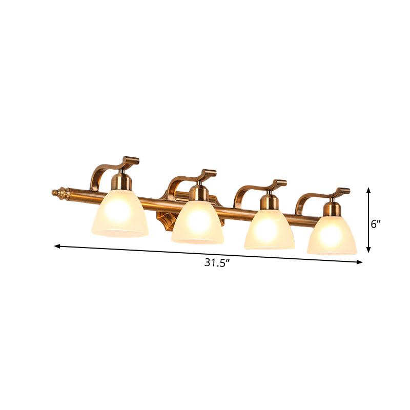 Colonialist Dome Vanity Lighting Idea 1/2/3-Light Cream Glass Bathroom Wall Light in Gold with Curved Arm Clearhalo 'Vanity Lights' 'Wall Lights' Lighting' 1460370