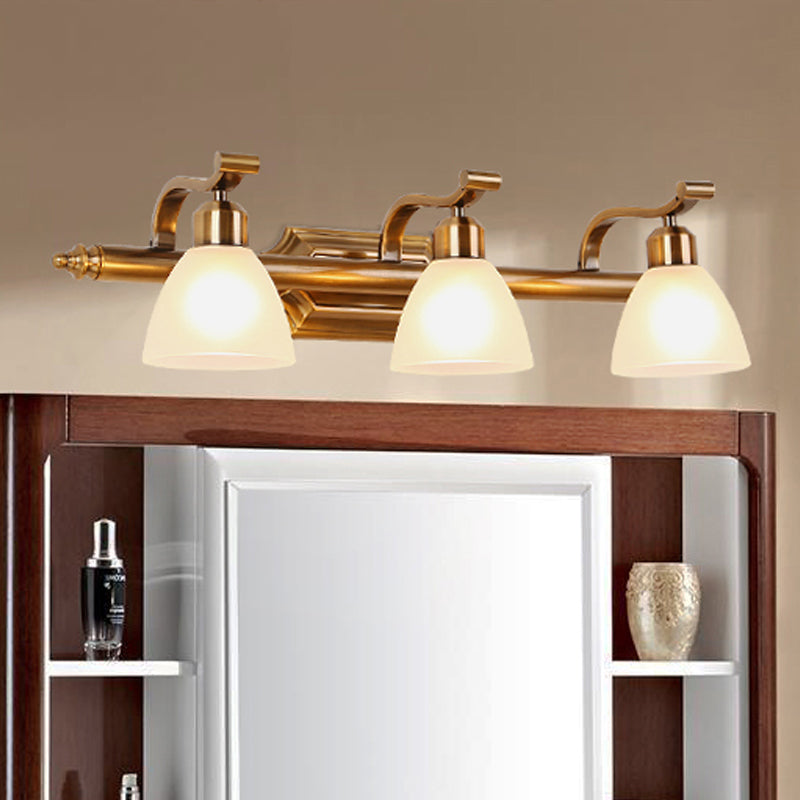 Colonialist Dome Vanity Lighting Idea 1/2/3-Light Cream Glass Bathroom Wall Light in Gold with Curved Arm 3.0 Gold Clearhalo 'Vanity Lights' 'Wall Lights' Lighting' 1460371