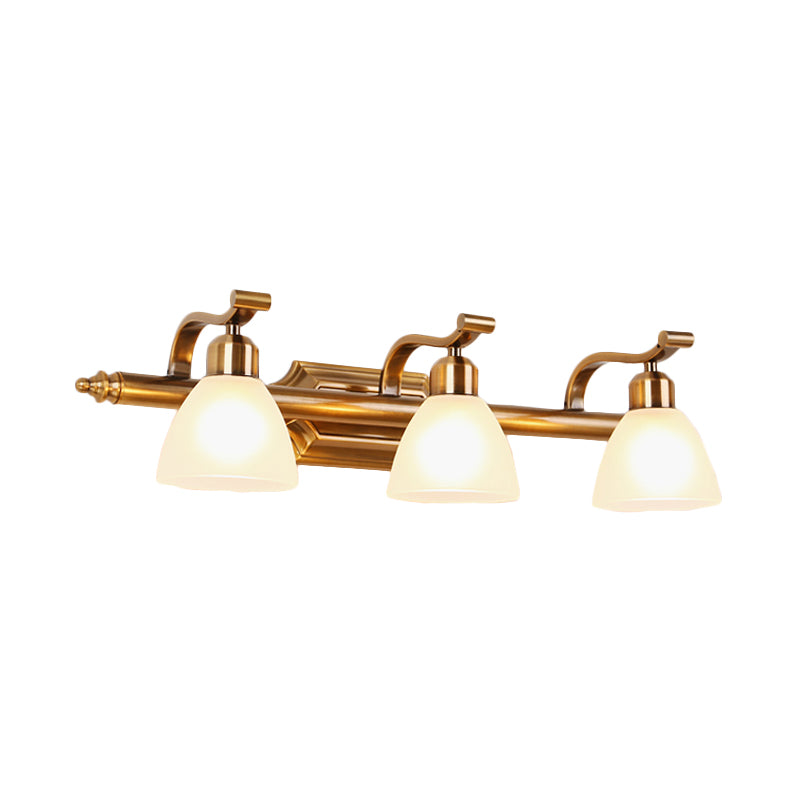 Colonialist Dome Vanity Lighting Idea 1/2/3-Light Cream Glass Bathroom Wall Light in Gold with Curved Arm Clearhalo 'Vanity Lights' 'Wall Lights' Lighting' 1460373