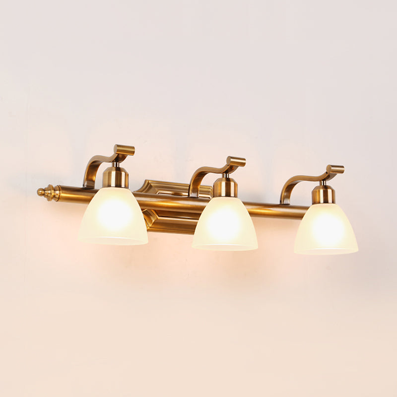 Colonialist Dome Vanity Lighting Idea 1/2/3-Light Cream Glass Bathroom Wall Light in Gold with Curved Arm Clearhalo 'Vanity Lights' 'Wall Lights' Lighting' 1460374