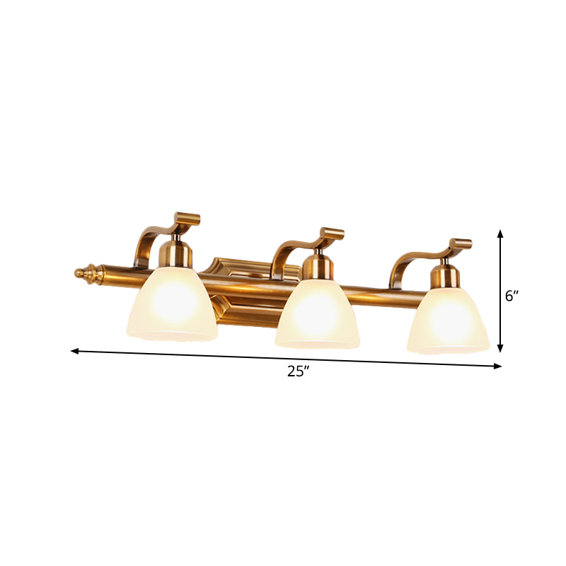 Colonialist Dome Vanity Lighting Idea 1/2/3-Light Cream Glass Bathroom Wall Light in Gold with Curved Arm Clearhalo 'Vanity Lights' 'Wall Lights' Lighting' 1460375