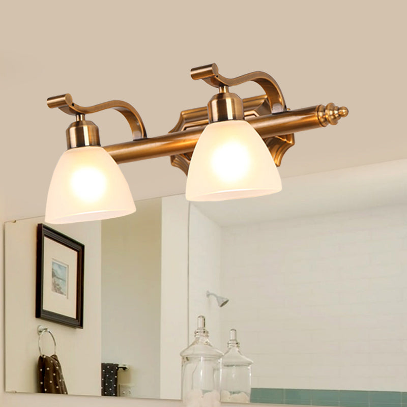 Colonialist Dome Vanity Lighting Idea 1/2/3-Light Cream Glass Bathroom Wall Light in Gold with Curved Arm 2.0 Gold Clearhalo 'Vanity Lights' 'Wall Lights' Lighting' 1460376