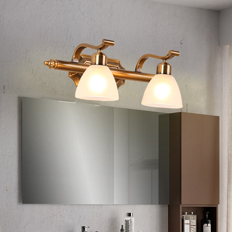 Colonialist Dome Vanity Lighting Idea 1/2/3-Light Cream Glass Bathroom Wall Light in Gold with Curved Arm Clearhalo 'Vanity Lights' 'Wall Lights' Lighting' 1460377