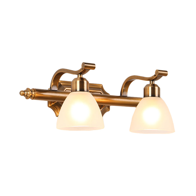 Colonialist Dome Vanity Lighting Idea 1/2/3-Light Cream Glass Bathroom Wall Light in Gold with Curved Arm Clearhalo 'Vanity Lights' 'Wall Lights' Lighting' 1460378