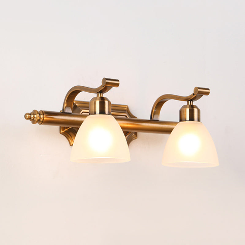 Colonialist Dome Vanity Lighting Idea 1/2/3-Light Cream Glass Bathroom Wall Light in Gold with Curved Arm Clearhalo 'Vanity Lights' 'Wall Lights' Lighting' 1460379