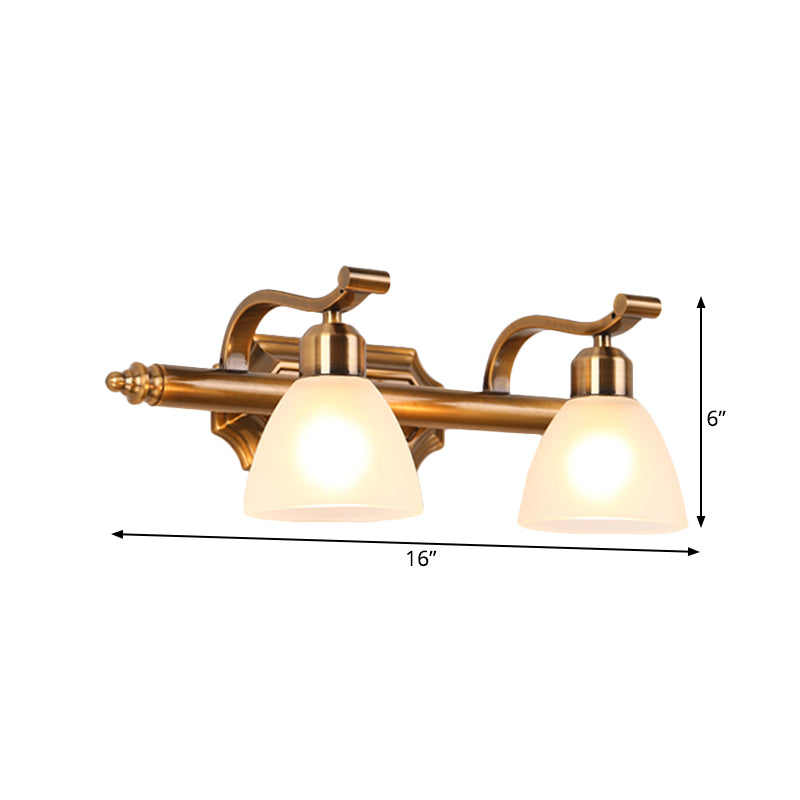 Colonialist Dome Vanity Lighting Idea 1/2/3-Light Cream Glass Bathroom Wall Light in Gold with Curved Arm Clearhalo 'Vanity Lights' 'Wall Lights' Lighting' 1460380