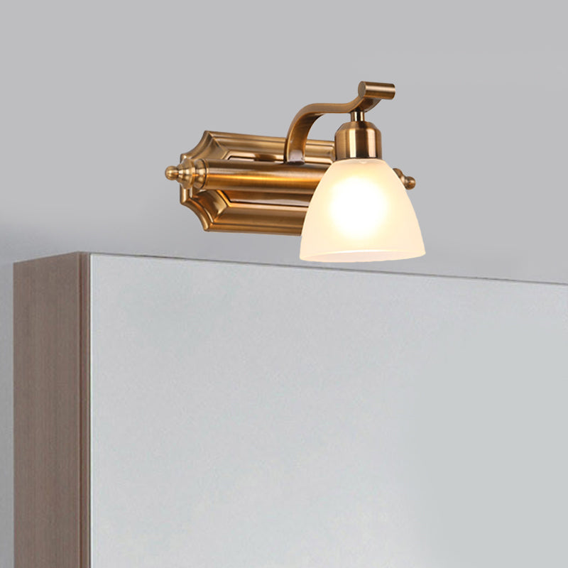 Colonialist Dome Vanity Lighting Idea 1/2/3-Light Cream Glass Bathroom Wall Light in Gold with Curved Arm 1.0 Gold Clearhalo 'Vanity Lights' 'Wall Lights' Lighting' 1460381