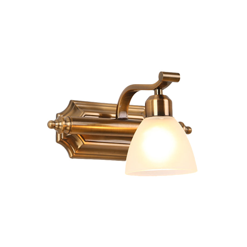 Colonialist Dome Vanity Lighting Idea 1/2/3-Light Cream Glass Bathroom Wall Light in Gold with Curved Arm Clearhalo 'Vanity Lights' 'Wall Lights' Lighting' 1460383